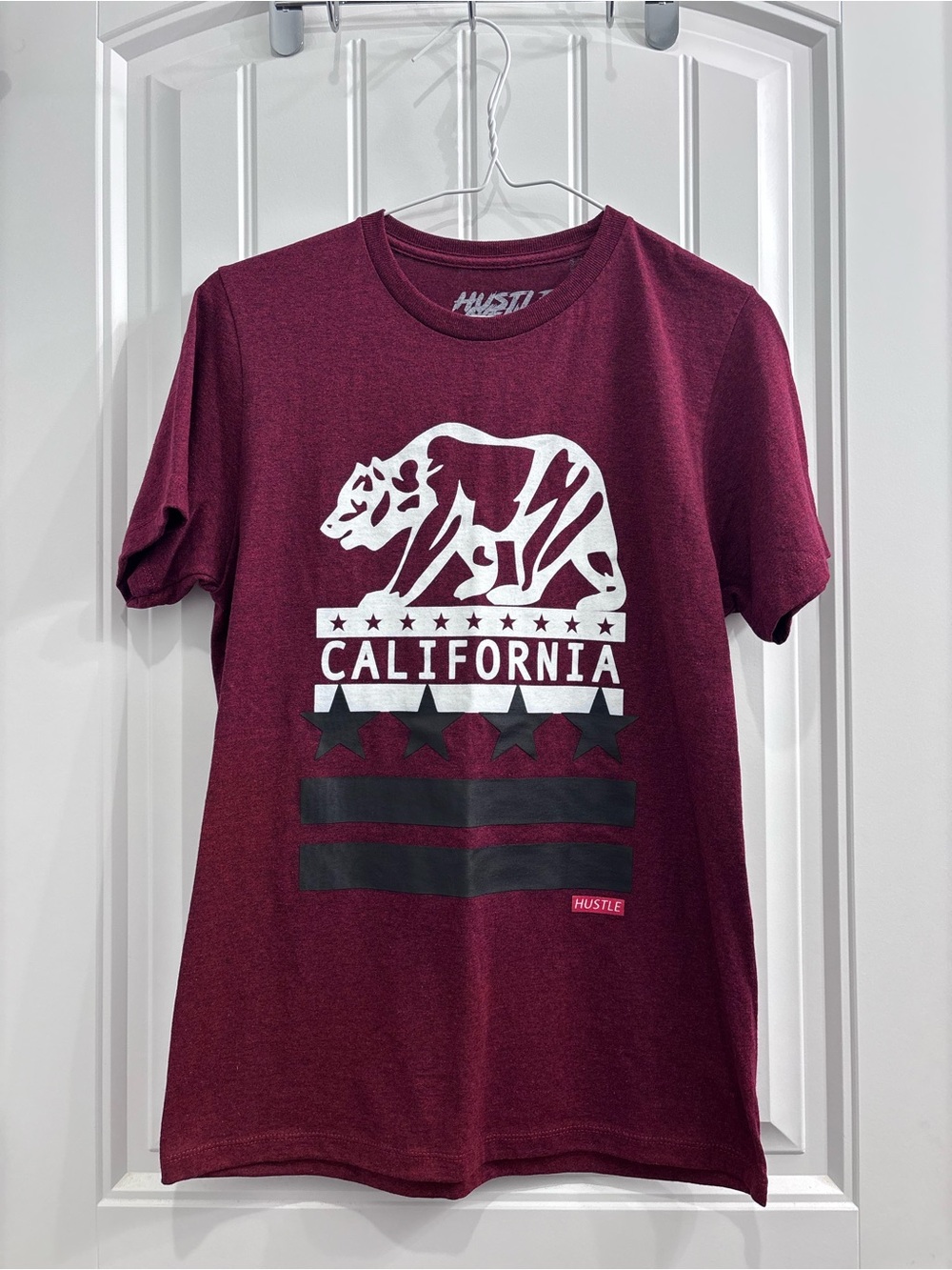 Hustler Hollywood Burgundy California Bear Graphic Tee with Black Accents